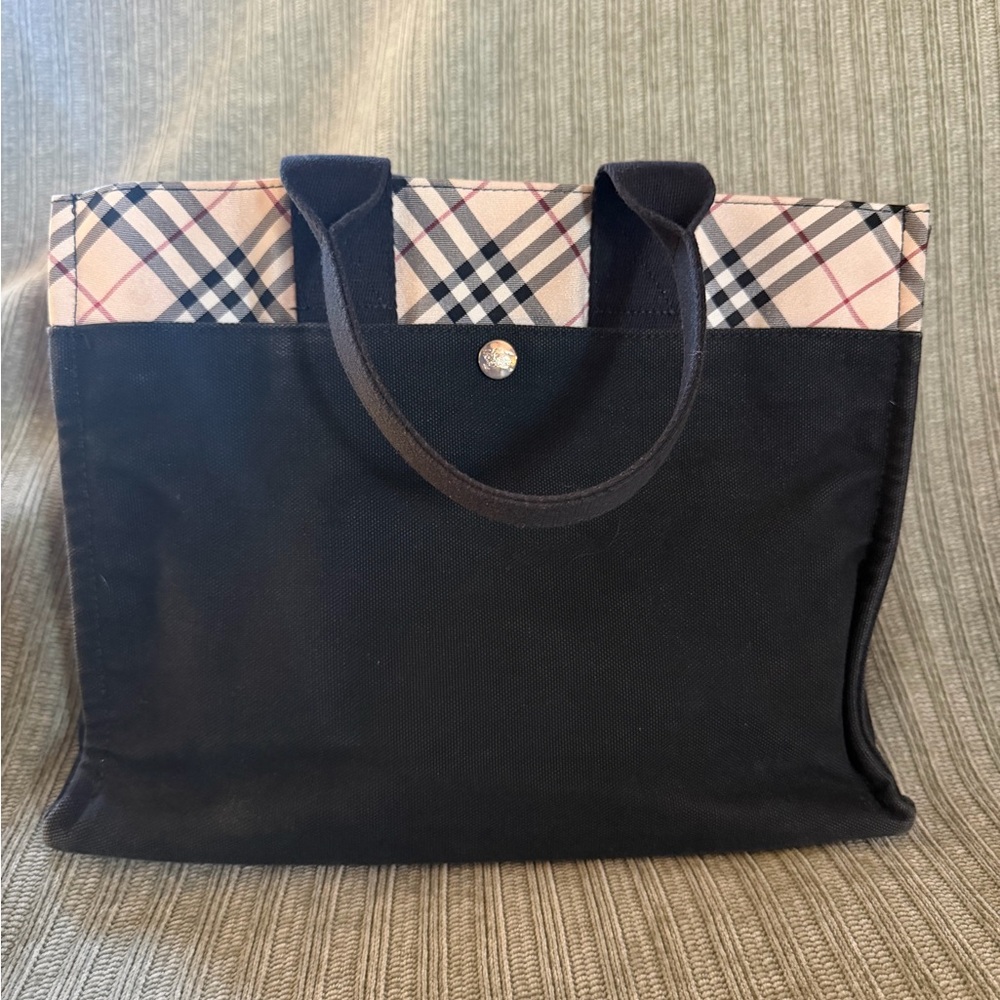 Burberry Black Canvas Tote with Beige Nova Check Trim